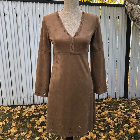 Brown Long Sleeve Faux-Suede Dress - Picture 1 of 6
